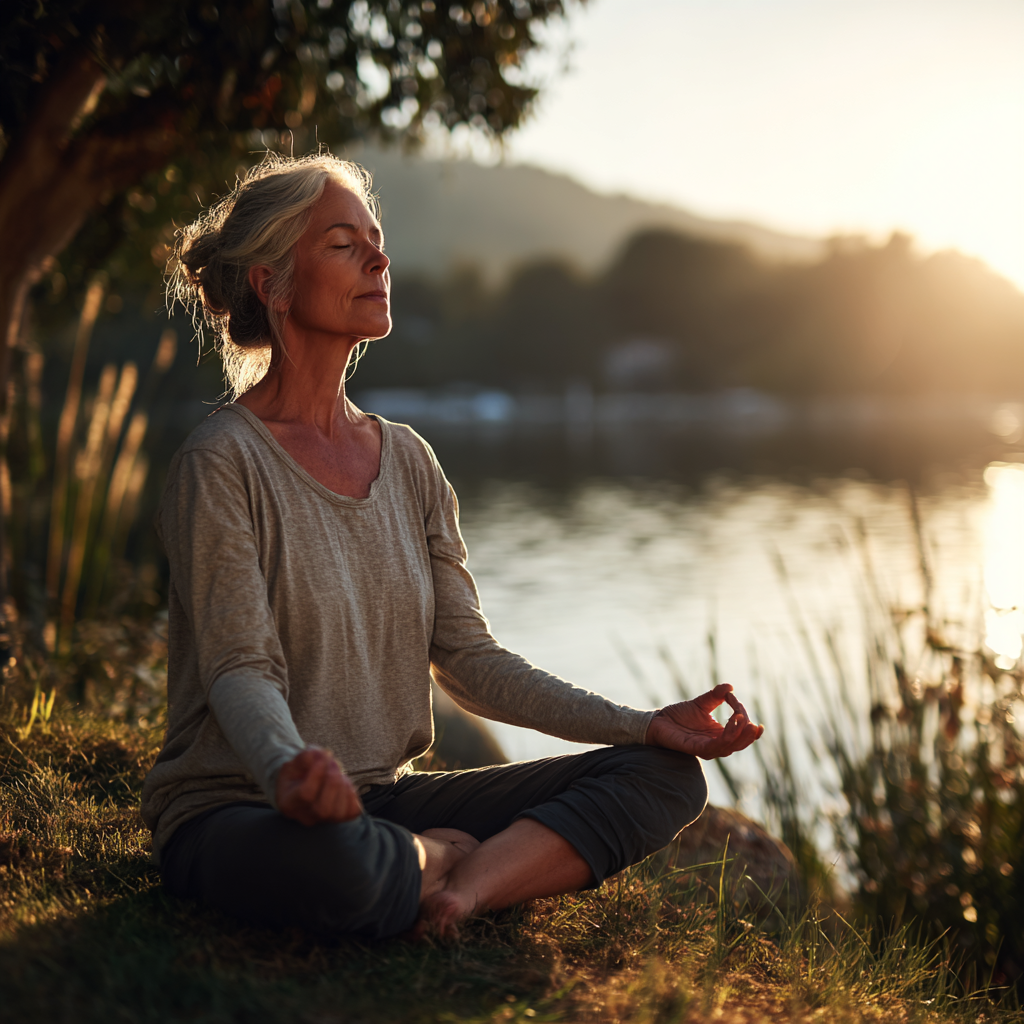 mature woman practicing gentle yoga poses in serene natural setting