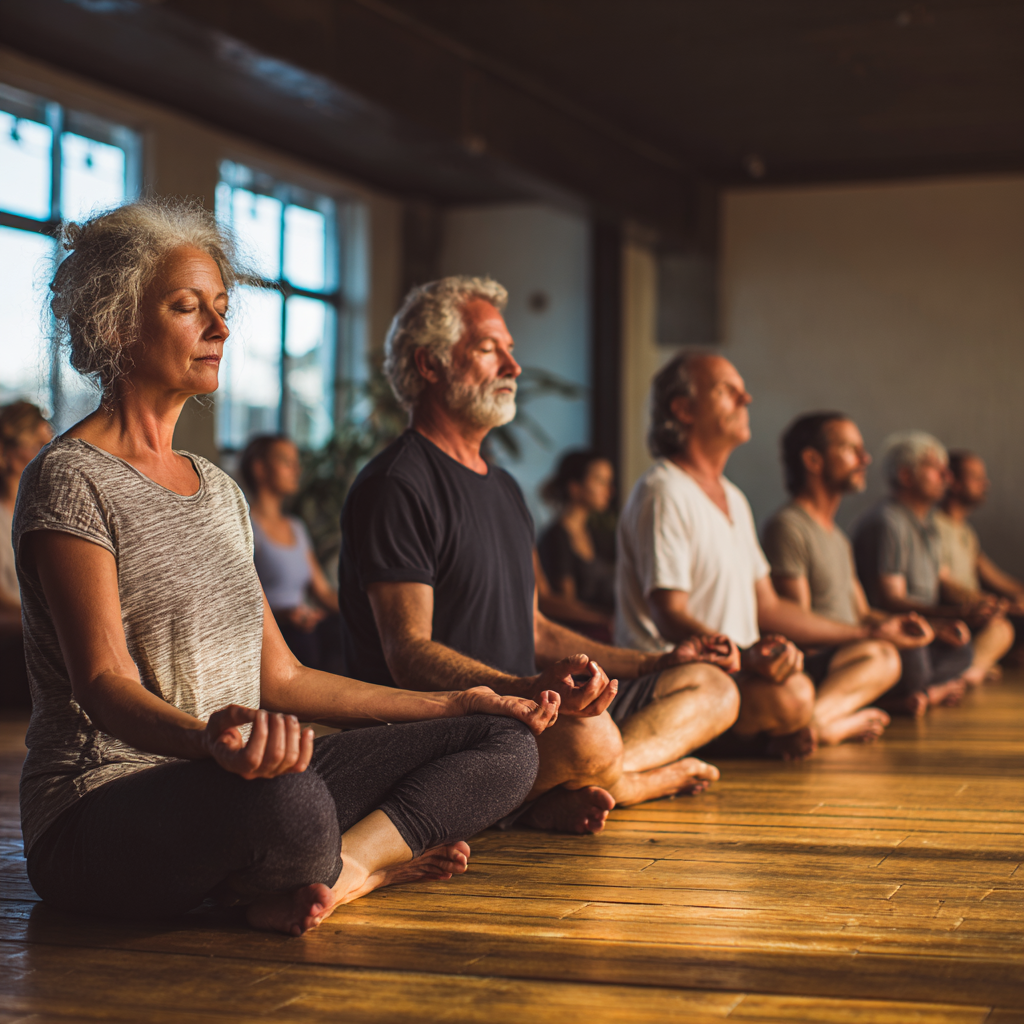 middle-aged people in peaceful yoga meditation surrounded by gentle natural lighting